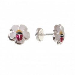Pendiente Infantil Flor con Mariquita esmalte en Plata de Ley 925mls