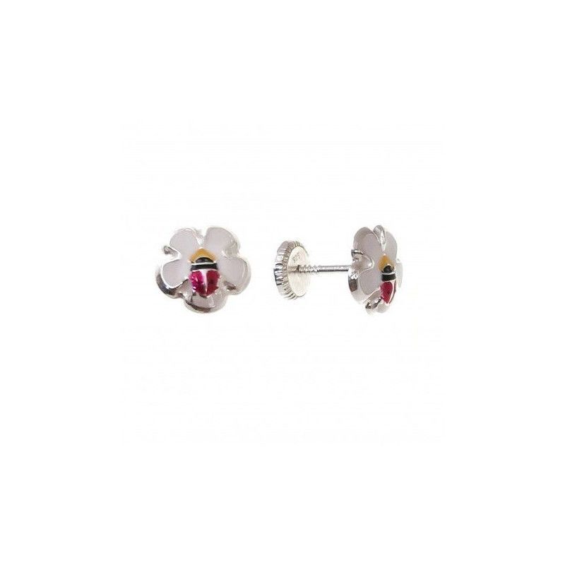 Pendiente Infantil Flor con Mariquita esmalte en Plata de Ley 925mls