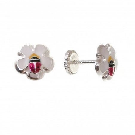 Pendiente Infantil Flor con Mariquita esmalte en Plata de Ley 925mls