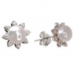 Pendiente de Flor con Circonitas y Perla en Plata de Ley 925mls
