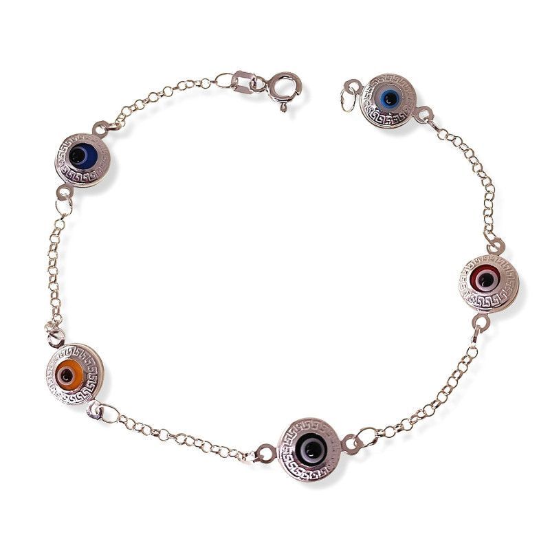 Pulsera de Ojos Turcos de Colores con Greca en Plata de Ley 925mls