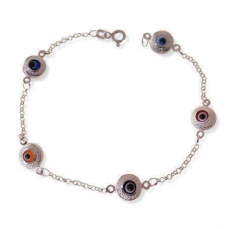 Pulsera de Ojos Turcos de Colores con Greca en Plata de Ley 925mls