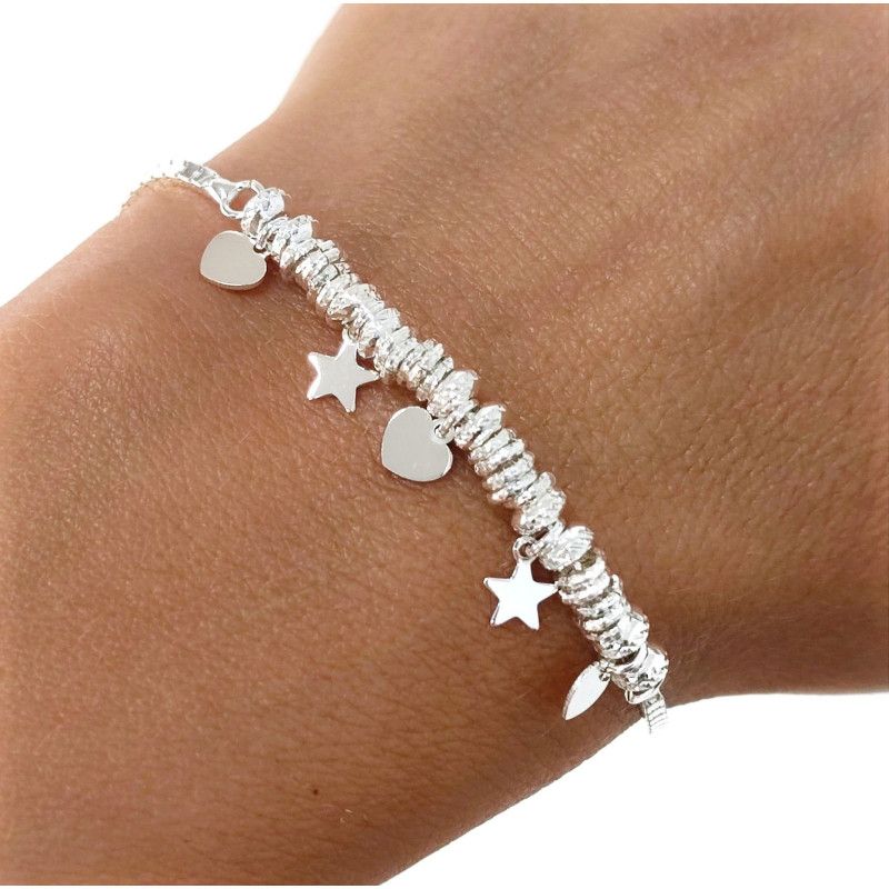 Pulsera de Corazones con Estrellas Entrepiezas en Plata de Ley 925mls