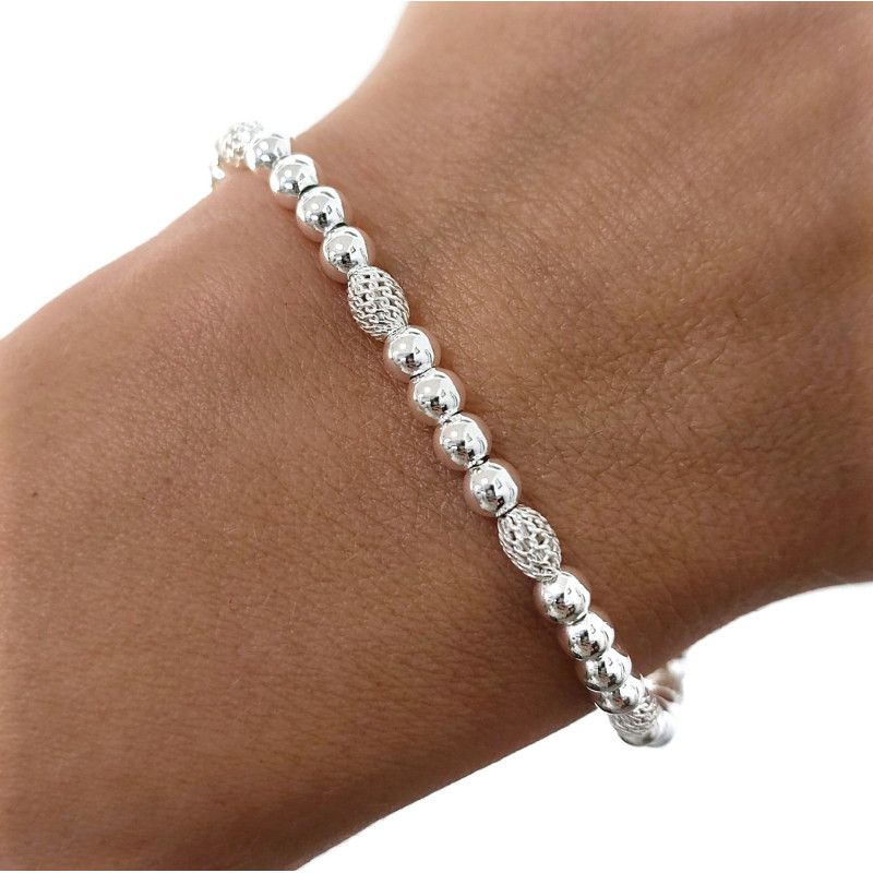 Pulsera de Bolas Alternadas Caladas y Lisas en Plata de Ley 925mls