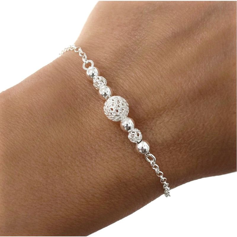 Pulsera de Bolas Combinadas Caladas y Lisas  en Plata de Ley 925mls