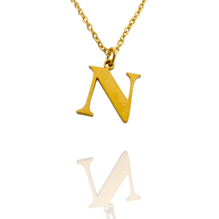 Collar con Inicial "N" en Acero Dorado Liso Hipoalergénico 316l