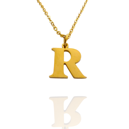 Collar con Inicial "R" en Acero Dorado Liso Hipoalergénico 316l