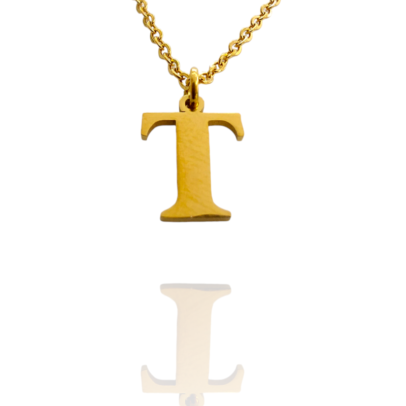 Collar con Inicial "T" en Acero Dorado Liso Hipoalergénico 316l