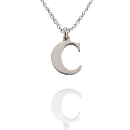 Collar con Inicial "C" en Acero Plateado Liso Hipoalergénico 316l