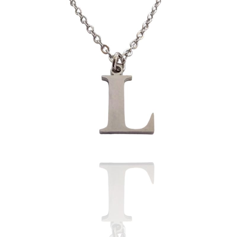 Collar con Inicial "L" en Acero Plateado Liso Hipoalergénico 316l
