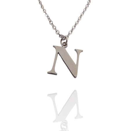 Collar con Inicial "N" en Acero Plateado Liso Hipoalergénico 316l