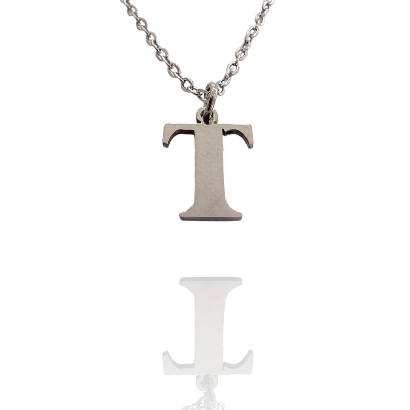 Collar con Inicial "T" en Acero Plateado Liso Hipoalergénico 316l