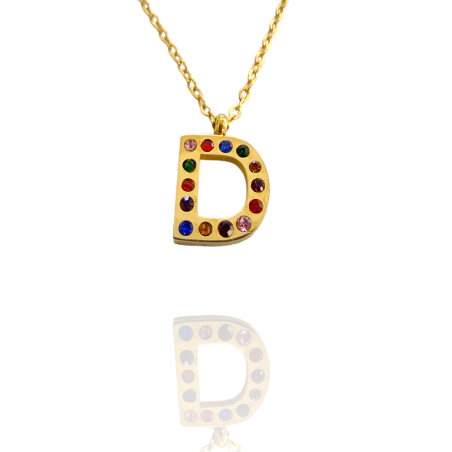 Collar con Inicial "D" en Acero Dorado Circonitas Hipoalergénico 316l