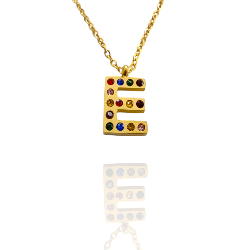 Collar con Inicial "E" en Acero Dorado Circonitas Hipoalergénico 316l