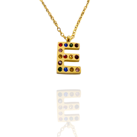 Collar con Inicial "E" en Acero Dorado Circonitas Hipoalergénico 316l