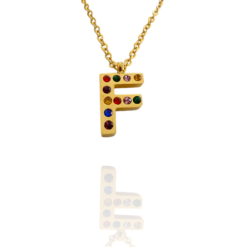 Collar con Inicial "F" en Acero Dorado Circonitas Hipoalergénico 316l