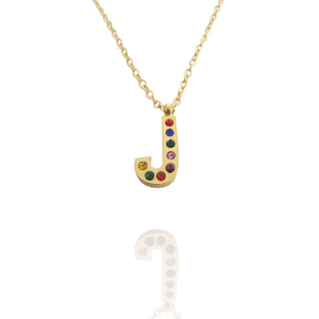 Collar con Inicial "J" en Acero Dorado Circonitas Hipoalergénico 316l