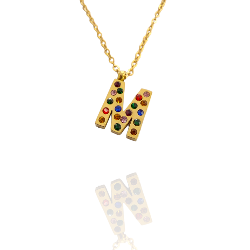 Collar con Inicial "M" en Acero Dorado Circonitas Hipoalergénico 316l