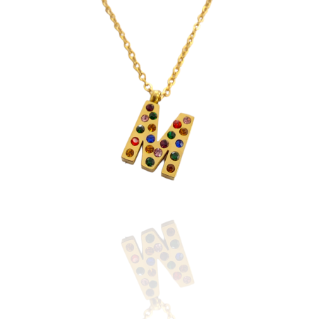 Collar con Inicial "M" en Acero Dorado Circonitas Hipoalergénico 316l