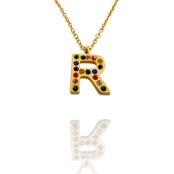 Collar con Inicial "R" en Acero Dorado Circonitas Hipoalergénico 316l
