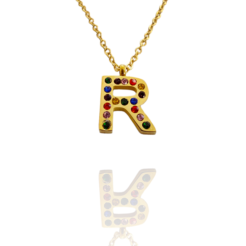 Collar con Inicial "R" en Acero Dorado Circonitas Hipoalergénico 316l