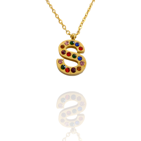 Collar con Inicial "S" en Acero Dorado Circonitas Hipoalergénico 316l