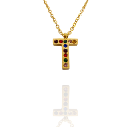 Collar con Inicial "T" en Acero Dorado Circonitas Hipoalergénico 316l