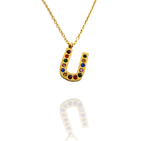 Collar con Inicial "U" en Acero Dorado Circonitas Hipoalergénico 316l