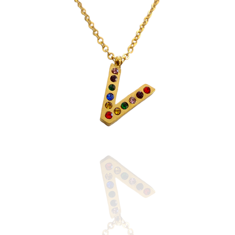 Collar con Inicial "V" en Acero Dorado Circonitas Hipoalergénico 316l