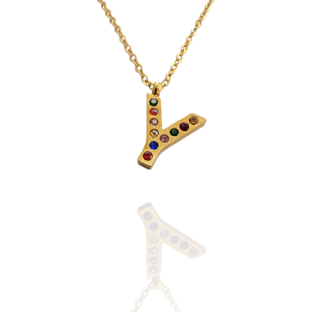 Collar con Inicial "Y" en Acero Dorado Circonitas Hipoalergénico 316l