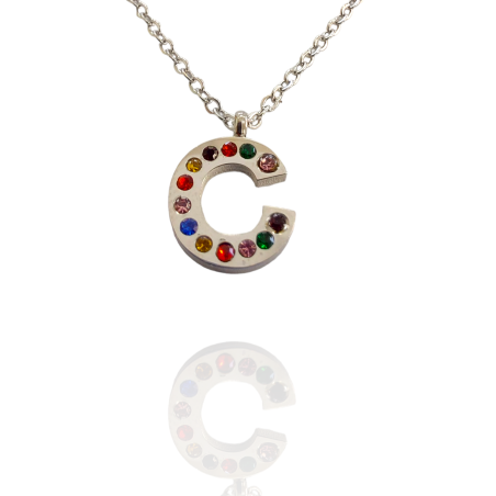 Collar con Inicial "C" en Acero Plateado Circonitas Hipoalergénico 316l