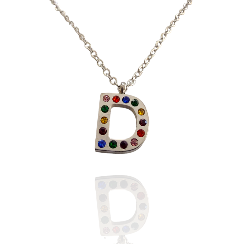 Collar con Inicial "D" en Acero Plateado Circonitas Hipoalergénico 316l