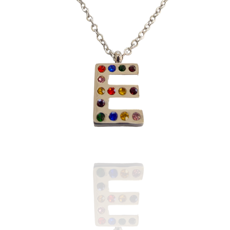 Collar con Inicial "E" en Acero Plateado Circonitas Hipoalergénico 316l