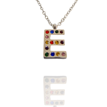 Collar con Inicial "E" en Acero Plateado Circonitas Hipoalergénico 316l