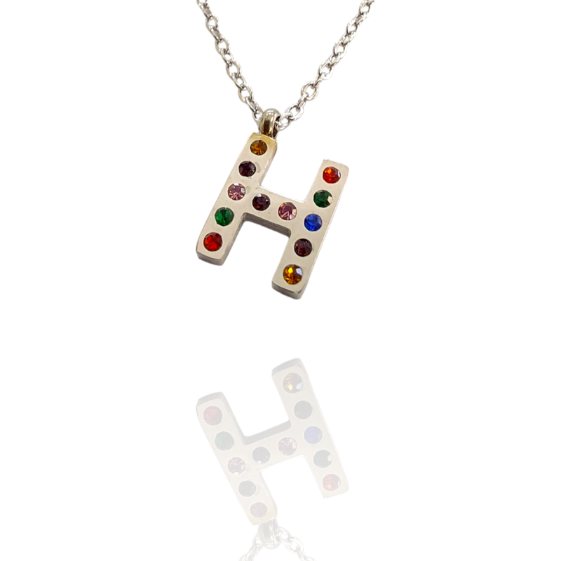 Collar con Inicial "H" en Acero Plateado Circonitas Hipoalergénico 316l