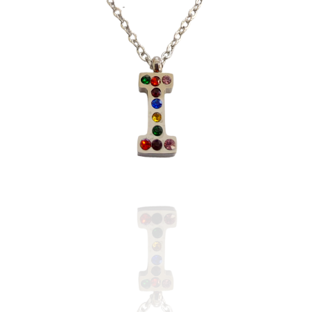 Collar con Inicial "I" en Acero Plateado Circonitas Hipoalergénico 316l