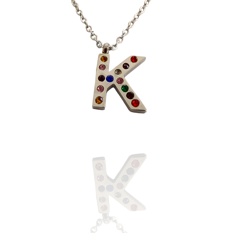 Collar con Inicial "K" en Acero Plateado Circonitas Hipoalergénico 316l
