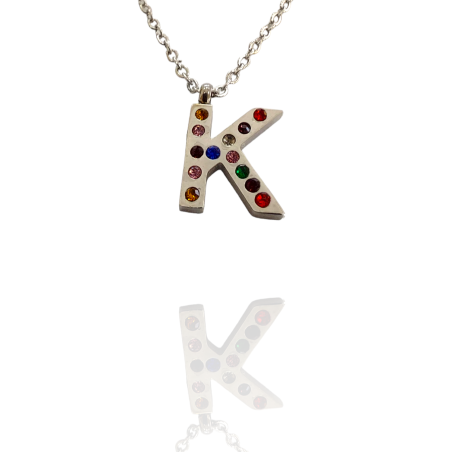Collar con Inicial "K" en Acero Plateado Circonitas Hipoalergénico 316l