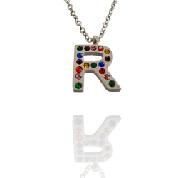 Collar con Inicial "R" en Acero Plateado Circonitas Hipoalergénico 316l