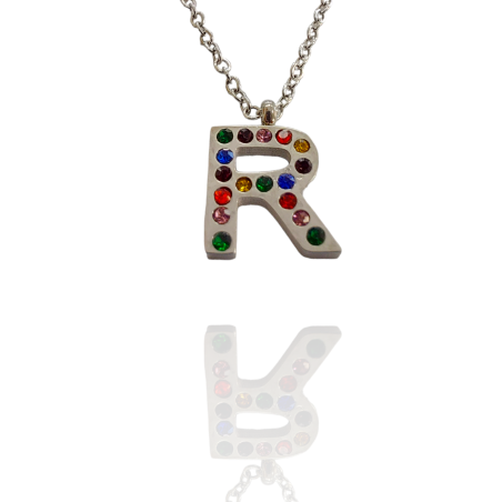 Collar con Inicial "R" en Acero Plateado Circonitas Hipoalergénico 316l