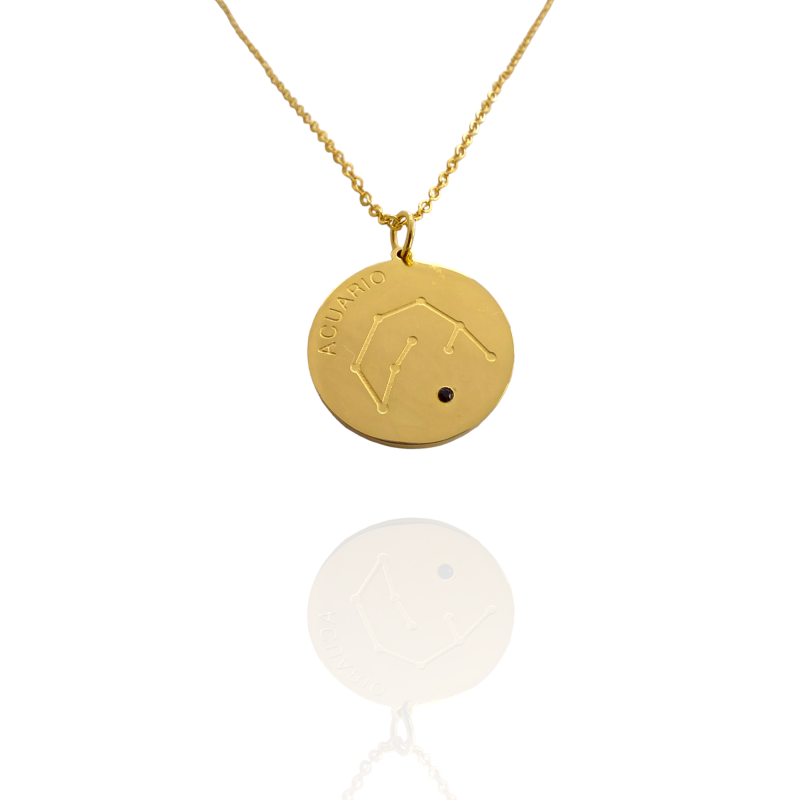 Collar Horóscopo de "Acuario" en Disco de Acero Dorado Liso