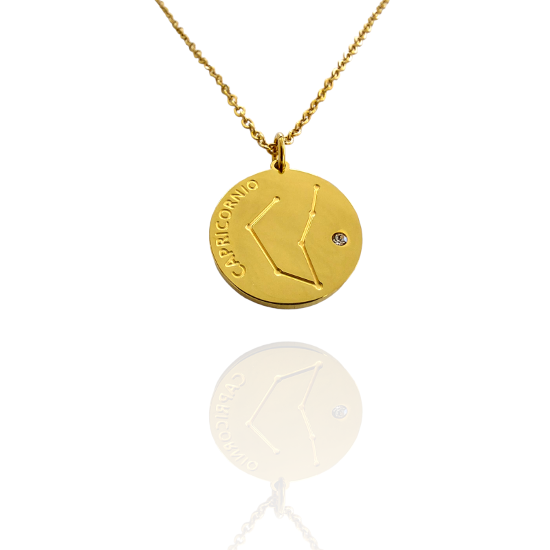 Collar Horóscopo de "Capricornio" en Disco de Acero Dorado Liso