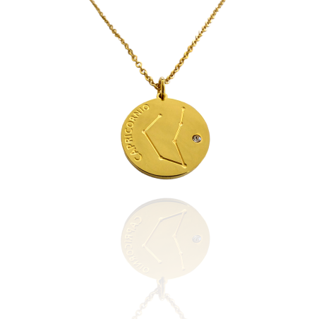 Collar Horóscopo de "Capricornio" en Disco de Acero Dorado Liso