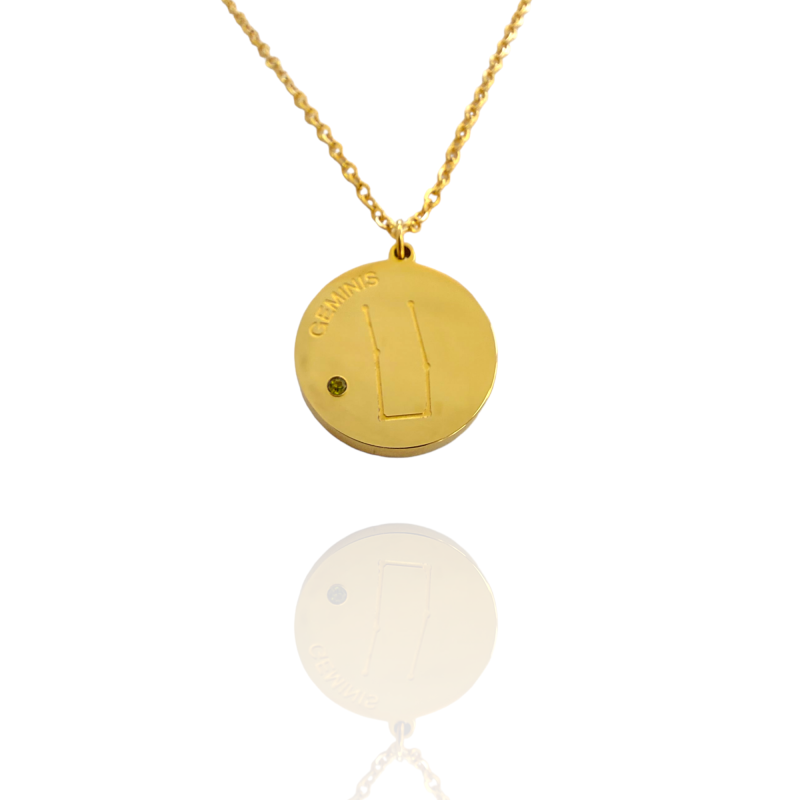 Collar Horóscopo de "Géminis" en Disco de Acero Dorado Liso