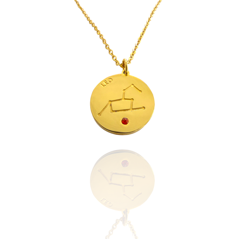 Collar Horóscopo de "Leo" en Disco de Acero Dorado Liso