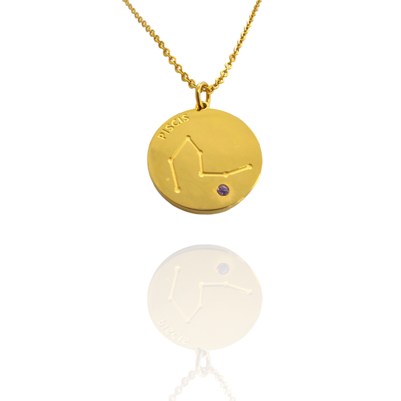 Collar Horóscopo de "Piscis" en Disco de Acero Dorado Liso