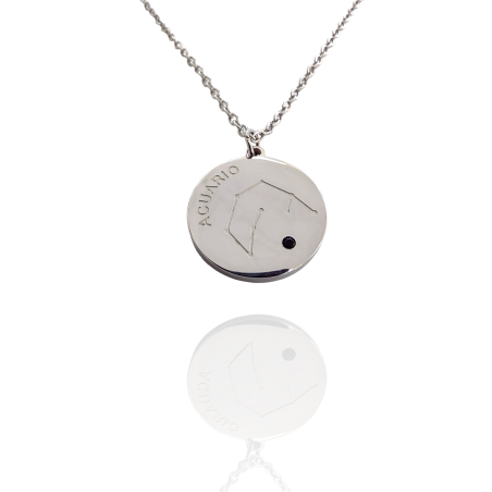 Collar Horóscopo de "Acuario" en Disco de Acero Plateado Liso