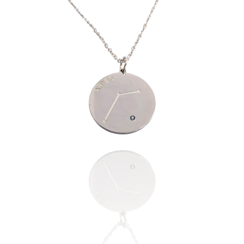 Collar Horóscopo de "Aries" en Disco de Acero Plateado Liso