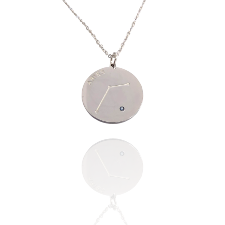 Collar Horóscopo de "Aries" en Disco de Acero Plateado Liso