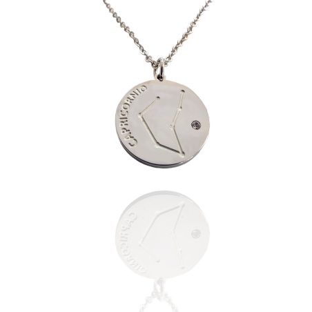 Collar Horóscopo de "Capricornio" en Disco de Acero Plateado Liso